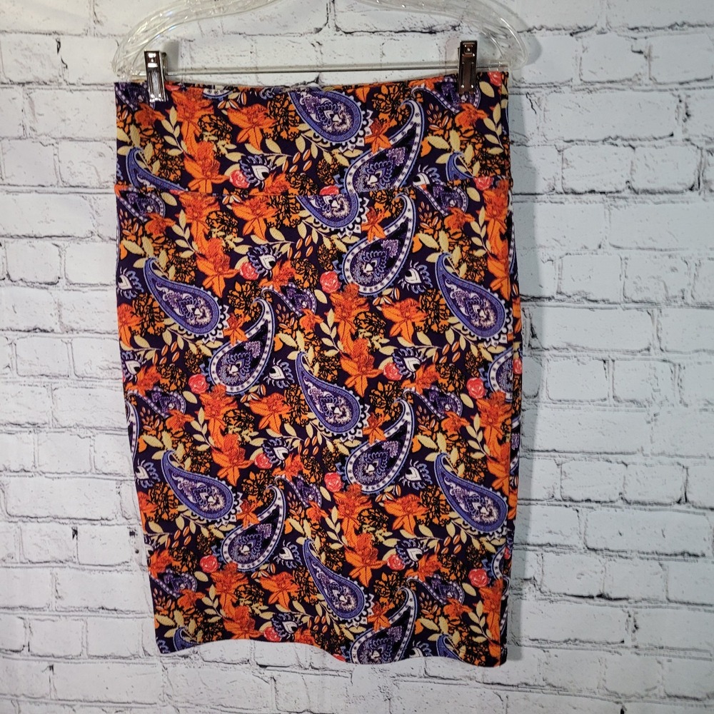 LuLaRoe Cassie Skirt Meduim Purple Orange Floral/Paisley Pull On Unlined
